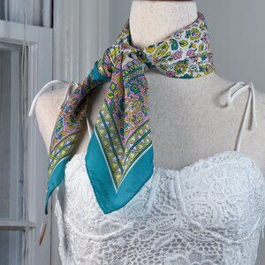 Vintage 80s Paoli Ditsy Floral Scarf Neck Tie Baby Blue Yellow